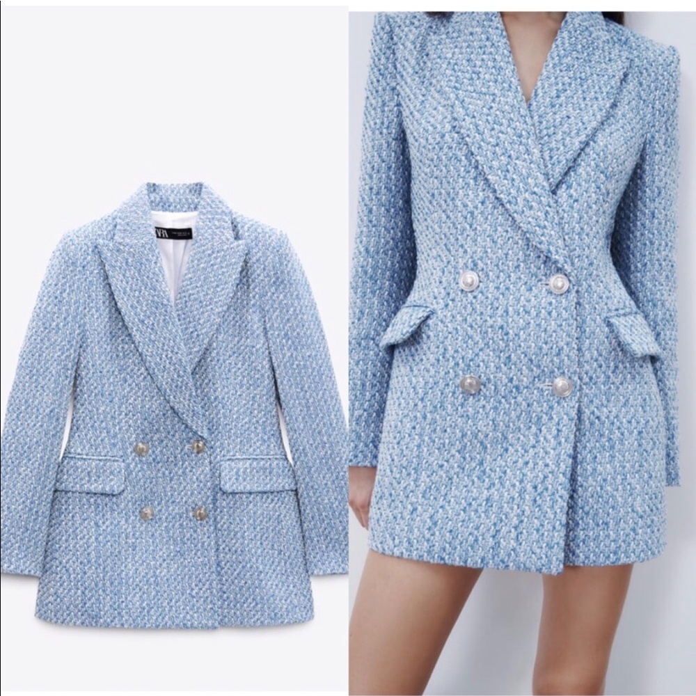 Zara Tweed Double Breasted Blazer, Blue, Blogger Favorite